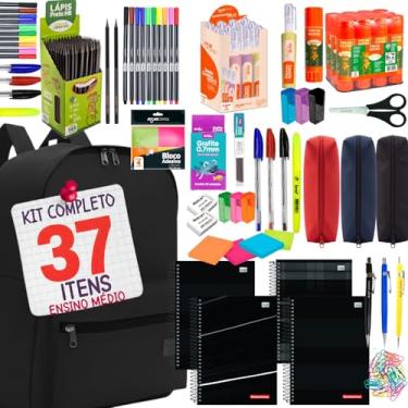Imagem de Kit Escolar Completo 37 Itens com Mochila Caderno 10 Matérias Estojo Canetas Blocos e Acessórios para Ensino Fundamental Médio e Faculdade