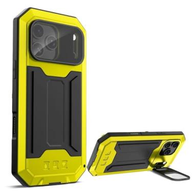 Imagem de Capa robusta para iPhone 17/17 Air/17 Pro/17 Pro Max, lente dobrável, função de suporte, suporte para carregamento sem fio, impactos de metal, protetor de tela militar (amarelo, 17)