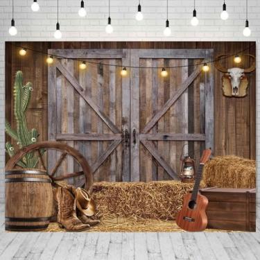 Imagem de Pano de fundo para porta de celeiro ocidental de 3 x 2,4 m, placa de madeira marrom, caubói, tema de rodeio, fundo fotográfico para decorações de festa, faixa extragrande