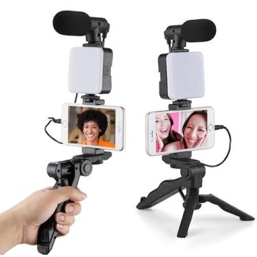 Imagem de Kit Vlog para Youtuber com Tripé, Suporte para Celular, Luz LED e Microfone para Gravação de Vídeos e Lives