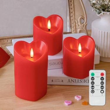Imagem de SEHNSY Velas vermelhas de Natal sem chama (7,6 x 7,6 cm) Velas de pilar de LED de cera real operadas por bateria com controle remoto e temporizador, luzes cintilantes reguláveis para o dia dos