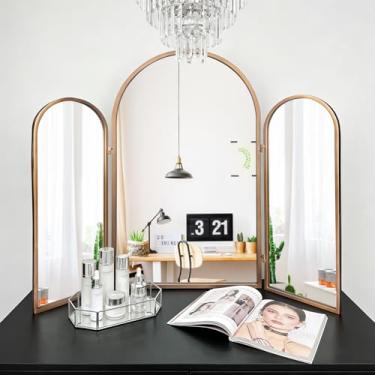 Imagem de BAODANFU Espelho vintage dourado com três dobras, espelho de 3 vias para sala de maquiagem, vestiário, quarto, banheiro