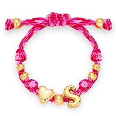 Imagem de HolidayQbee Pulseira feminina com inicial bolha banhada a ouro 14 K delicada, com letra de bolha, inicial, coração, personalizada, feita à mão, ajustável, joias, presentes para o Dia dos Namorados