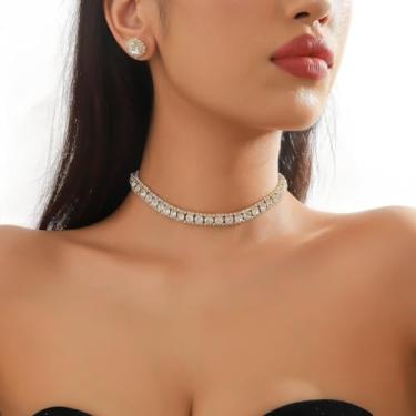 Imagem de Colar gargantilha de zircão de cristal para mulheres brilhantes requintados brincos quadrados de strass casamento noivas damas de honra festa de formatura joias presente (ouro)