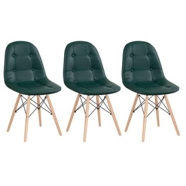 Imagem de Loft7, Kit 3 Cadeiras Charles Eames Eiffel, Assento Estofado Botonê, Pés Em Madeira Clara E Elegante Versátil Sala De Jantar Cozinha Cafeteria Quarto, Verde Escuro