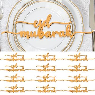 Imagem de 12 peças placa de madeira Ramadan Mubarak placa de montagem Ramadan Kareem enfeite de madeira para decoração de mesa islâmica Eid Ramadan Decoração de festa islâmica em casa (estilo vintage, 20,32 cm x 5,8 cm)