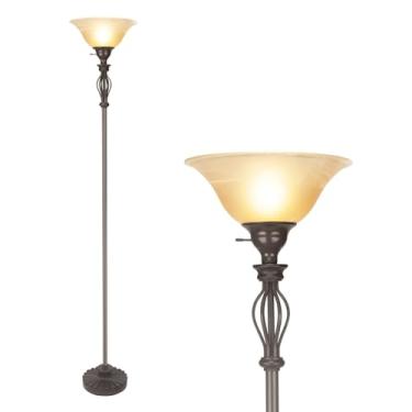 Imagem de HonoDing Torchiere Candeeiros de chão para sala de estar e quarto – Lâmpada de pé com design de luminária de chão de canto – Pergaminho de ferro tradicional 177,8 cm de altura para tigela de vidro