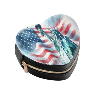 Imagem de Burbuja Estátua da Liberdade Bandeira Americana em Forma de Coração Mini Estojo de Joias de Viagem para Mulheres e Meninas, Estojo Portátil Organizador de Armazenamento para Brincos, Anéis, Colares