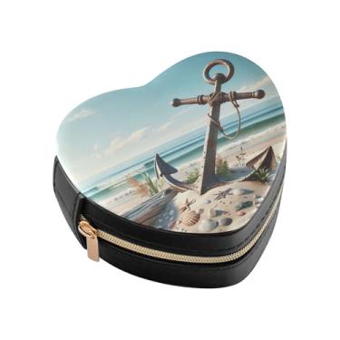 Imagem de Burbuja Caixa de joias em forma de coração de âncora náutica, mini estojo de joias de viagem para mulheres e meninas, organizador portátil de armazenamento para brincos, anéis, colares e pulseiras
