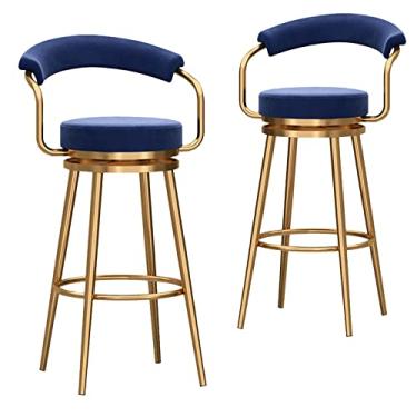 Imagem de Bancos de bar giratórios modernos conjunto de 2 banquetas de veludo com altura de balcão com encosto e braços cadeiras de bar com base de metal para ilha de cozinha/bar doméstico/sala de jantar, azul