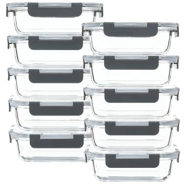 Imagem de Conjunto de 10 recipientes Potes de vidro armazenamento de alimentos, refeições Recipientes herméticos, capacidade de 650 ml (22 oz), na cor cinza, micro-ondas, forno, freezer e lava-louças