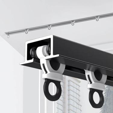 Imagem de Trilho de cortina embutido preto resistente – suporte invisível de teto de 335 cm com polias silenciosas para divisórias de ambiente sem costura – acessórios de trilho de cortina ocultos duráveis