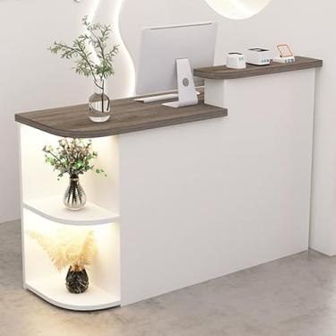 Imagem de Mesa de recepção moderna com gaveta bloqueável, balcão de caixa de varejo com prateleira de armazenamento de canto, mesa de recepção para escritório e varejo, balcão frontal branco com design