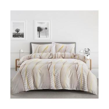 Imagem de Conjunto de capa de edredom de folha dourada, macio, leve, botânico, estampa de folhas tropicais, conjunto de cama com zíper e laços (EU King (240 x 220 cm))