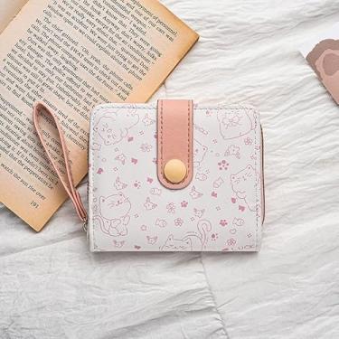 Imagem de Carteira feminina de couro com estampa de gato, pequena com janela para identidade, porta-cartões de crédito, porta-moedas, rosa, Retrô