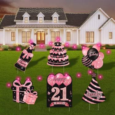 Imagem de ComboJoy Placas de Jardim Rosa Feliz Aniversário 6 pcs Luzes LED