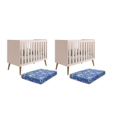 Imagem de Kit Gêmeos Berço Americano Isis Rosa Com Colchões Baby Physical - Reller Móveis Rosa