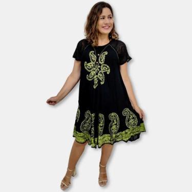 Imagem de Vestido Trapézio Manga Curta Batik Bordado Plus Size cordão - Sarat Mo