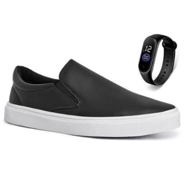 Imagem de Kit Tenis Casual Slip On Iate Masculino Feminino Sapatênis Sem Cadarço Conforto + Relóg...