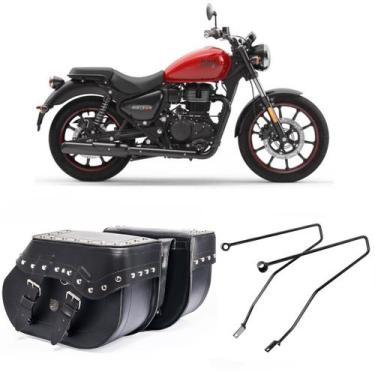 Imagem de Bolsa Moto Custom Alforge 30 Litros Com Cravos + Afastador Royal Enfie