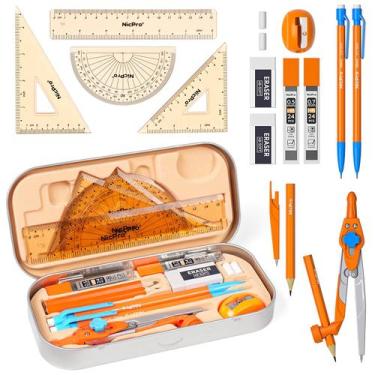 Imagem de Kit de Geometria Nicpro 17 Peças com Compasso, Transferidor e Réguas