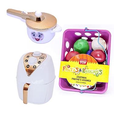 Imagem de Cozinha Infantil Menina Kit Brinquedo Air Fryer Mercado 15pç