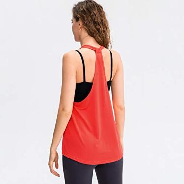 Imagem de Regata feminina de malha de malha de secagem rápida elástico solto corrida exercício academia ioga tops camisas atléticas(Large)(vermelho)