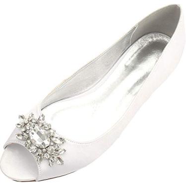 Imagem de Sapato de casamento feminino peep toe strass sem salto para noivas dama de honra, Marfim, 11