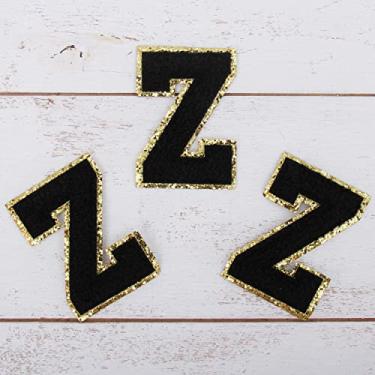 Imagem de Pacote com 3 adesivos de Chenille Iron On Glitter Varsity Letter "Z" - Tecido de chenille preto com acabamento dourado - Costurar ou passar - 5,5 cm de altura