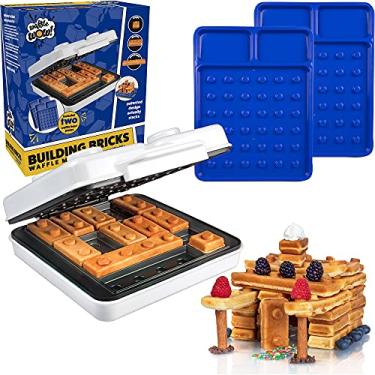 Imagem de Máquina de waffles elétrica de tijolos com 2 pratos de construção - cozinhe waffles construíveis para casa ou carro, panquecas em minutos - café da manhã divertido para crianças e adultos - empilhe e