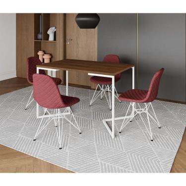 Imagem de Mesa Jantar Industrial Retangular Base V 120x75cm Amêndoa com 4 Cadeiras Estofadas Vermelhas Aço Bra