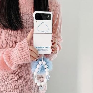 Imagem de Fur Ball Pearl Bracelet Heart Phone Case para Samsung Z Flip4 Z Flip3 ZFlip 4 3 Cartoon Skin Capa à prova de choque para Galaxy Z Flip 4, azul de pelúcia, para Samsung Z Flip4