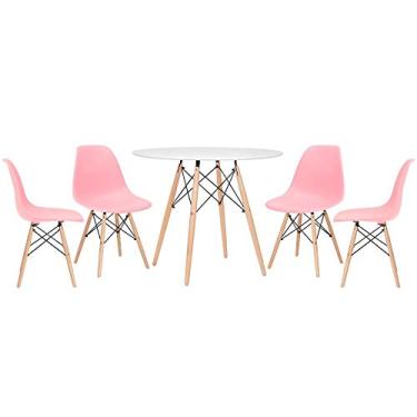 Imagem de Loft7, KIT - Mesa Eames 90 cm branco + 4 cadeiras Eames DSW rosa claro