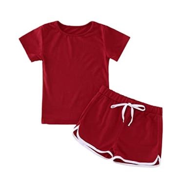 Imagem de Conjunto de camisetas e shorts esportivos de verão para bebês meninas Checke Outfits Conjuntos de roupas sólidas (vermelho, 3-4 anos)