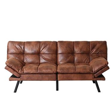 Imagem de Amrkloltd - Sofá-cama futon conversível de espuma viscoelástica, sofá dobrável moderno com apoio de braço e encosto ajustáveis rápidos (marrom + PU)