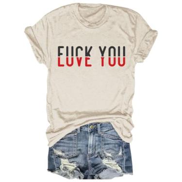 Imagem de Camiseta feminina Love You engraçada manga curta estampada com letras estampadas camisetas do dia dos namorados para esposa namorada, Bege, GG