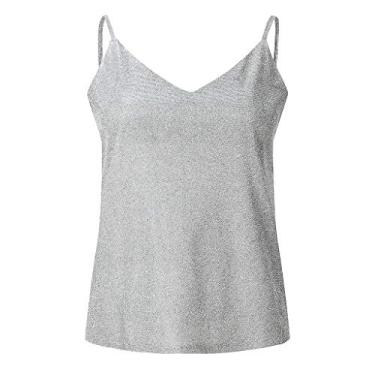 Imagem de Camisetas femininas com gola V para sair, tops grandes sem mangas, Y2K, camisetas de verão, boêmio, túnica de algodão, Prata, GG