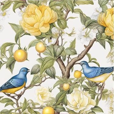 Imagem de XRUIBZI Papel de parede Blue Bird Peel and Stick Wallpaper limoeiro amarelo floral papel de contato para armários papel de parede autoadesivo impermeável para cozinha bancada parede 44,5 cm x 299,7 cm