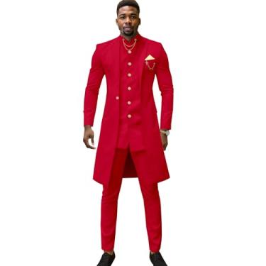 Imagem de Terno masculino slim fit com corrente de peito único blazer calça 3 peças roupa de casamento de linho roupas africanas, Vermelho, Small