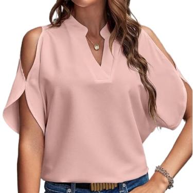 Imagem de ZZIDOU Camisa feminina de chiffon solta com ombros de fora, gola V, casual, solta, cor sólida, rosa, M