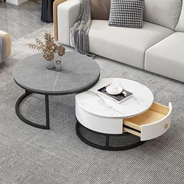 Imagem de Conjunto de 2 mesas de centro multifuncionais com armazenamento de gaveta, textura de mármore ardósia e estrutura de metal, perfeita para decoração de sala de estar e quarto., Moldura preta