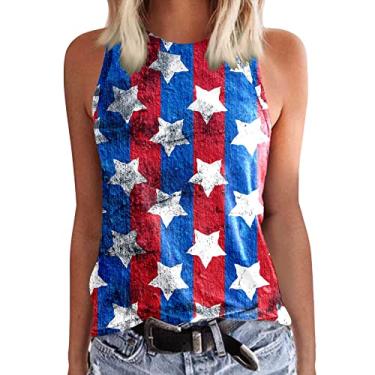 Imagem de 4th of July Shirts Camiseta regata feminina bandeira americana patriótica listras estrelas túnicas vintage vermelho branco azul blusa gráfica, Azul escuro, M