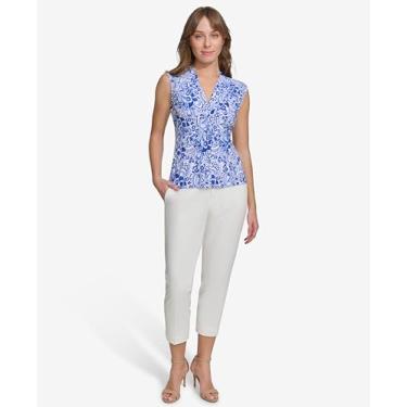 Imagem de Tommy Hilfiger Blusa sem mangas – Tops femininos casuais de negócios com decote atado, Marfim/azul, GG