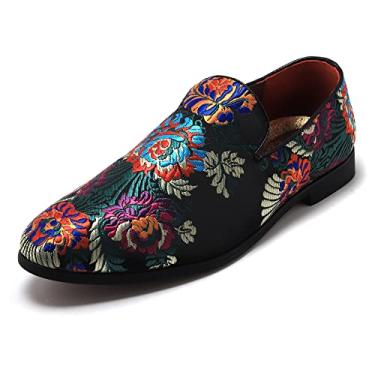 Imagem de HLLQ Mocassim masculino luxuoso bordado Penny Loafer Noble slip-on camurça sapatos para fumar chinelos festa dança sapatos plus size 7-13, A - Preto, 41