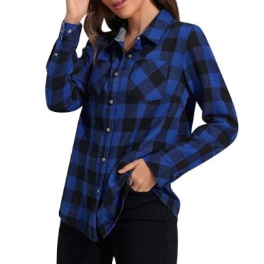 Imagem de Camisetas xadrez de flanela para mulheres, xadrez, manga comprida, casual, abotoada, blusa com bolsos, Azul, P