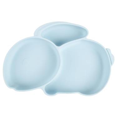 Imagem de Pratinho do silicone em formato de coelho para bebês. Com divisórias. Azul.