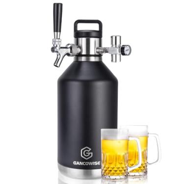 Imagem de Mini Growler de barril de parede dupla de 3,628 g, sistema de dispensador doméstico isolado a vácuo de aço inoxidável com torneira removível e regulador mantém a cerveja caseira, artesanato e chope