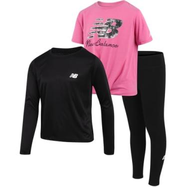 Imagem de New Balance Conjunto de camisetas e leggings para meninas – 3 peças, camisetas de manga curta e longa e leggings de desempenho para meninas (7-16), Rosa, preto, 14-16