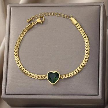 Imagem de Pulseira coração pedra verde feminina - banhada  a ouro 18k - ToJoia18