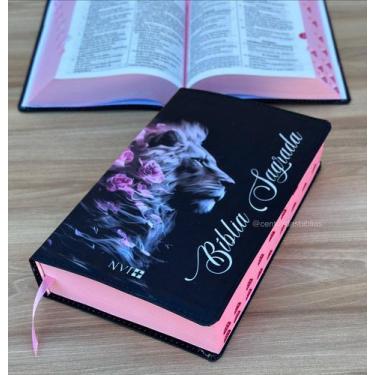 Imagem de Bíblia NVI Leão visual rosas  Com Índice Letras Grandes - Cpp